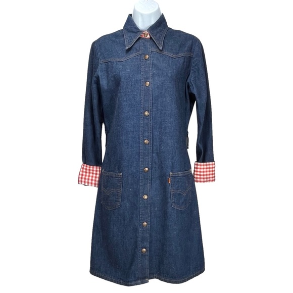 Levi’s Vintage 70’s Orange Tab Denim Gingham Long Sleeve Snap‎ Button Mini Dress - Picture 1 of 11